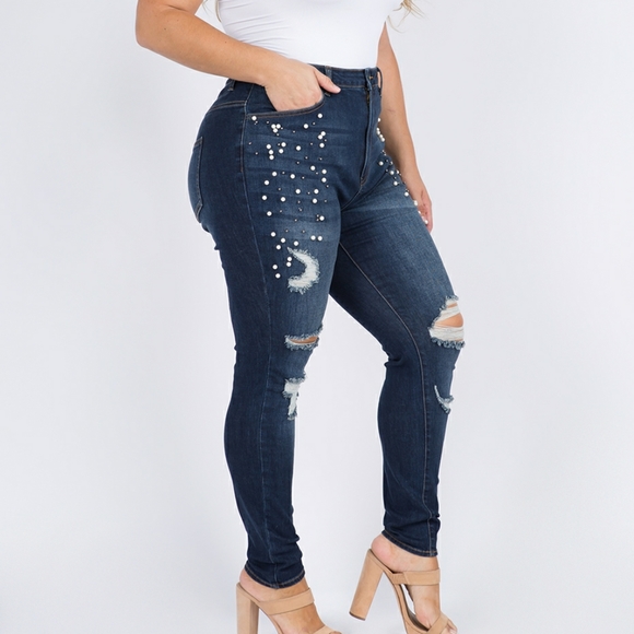 Dark Blue High Waisted Distressed Skinny Jean - Picture 3 of 4